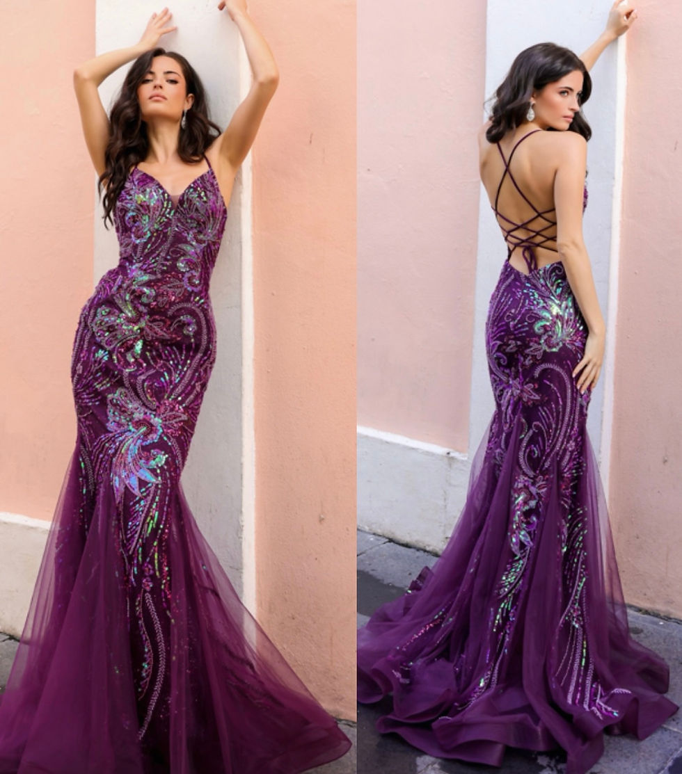 Thumbnail: Sequin Floral Appliqué Bodice & Strappy Back With Tulle Long Formal/Prom Dress 