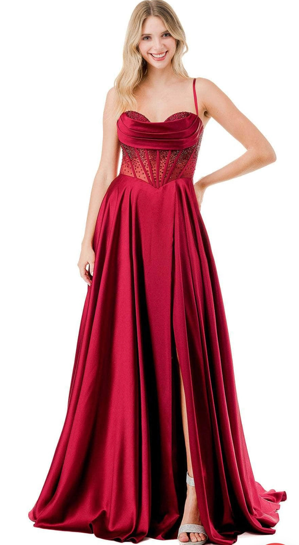 Satin Beaded Corset Bodice Long Formal Dress & Prom Dress