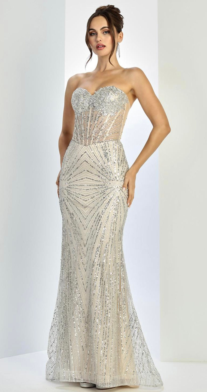 Thumbnail: Strapless Sequin Mesh Sides Long Formal Dress & Prom Dress