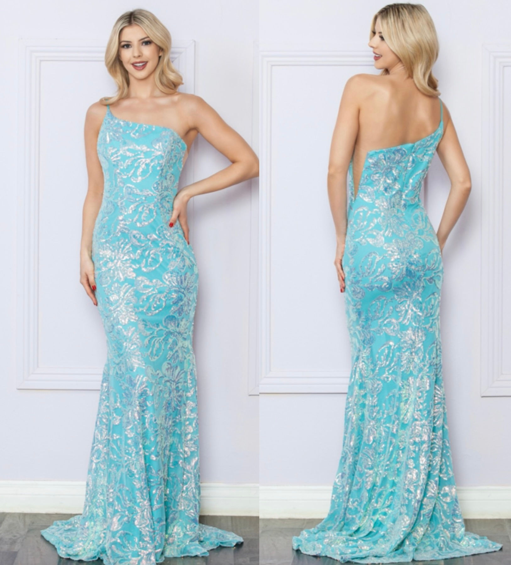 Floral Sequin One Shoulder Long Formal Dress & Prom Dress 