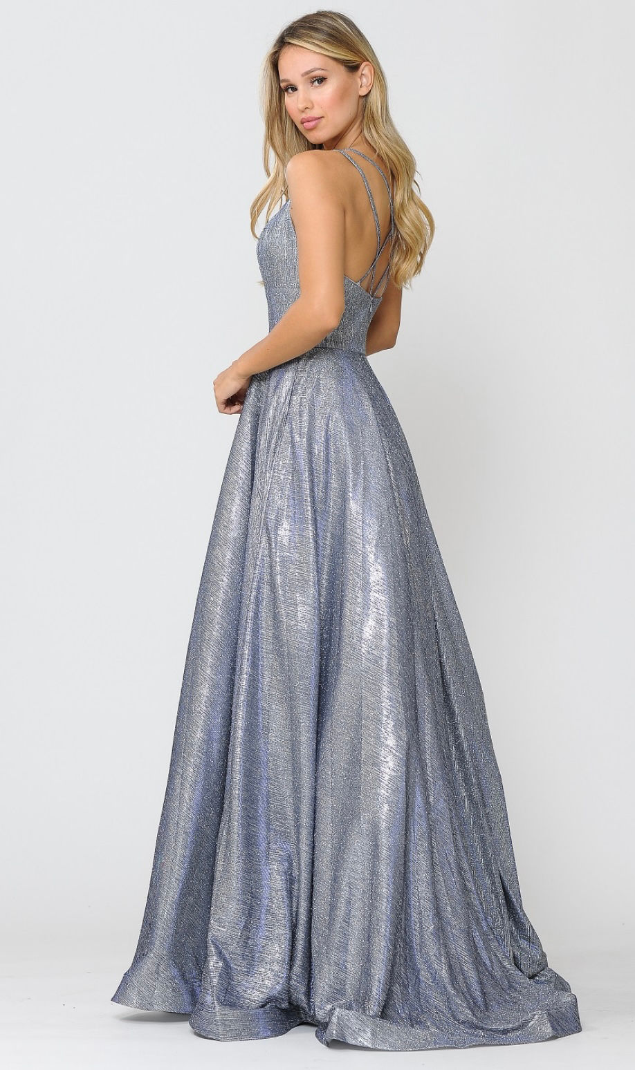 Thumbnail: Foiled Glitter Cross Over Back With Pockets Long Formal Dress & Prom Dress