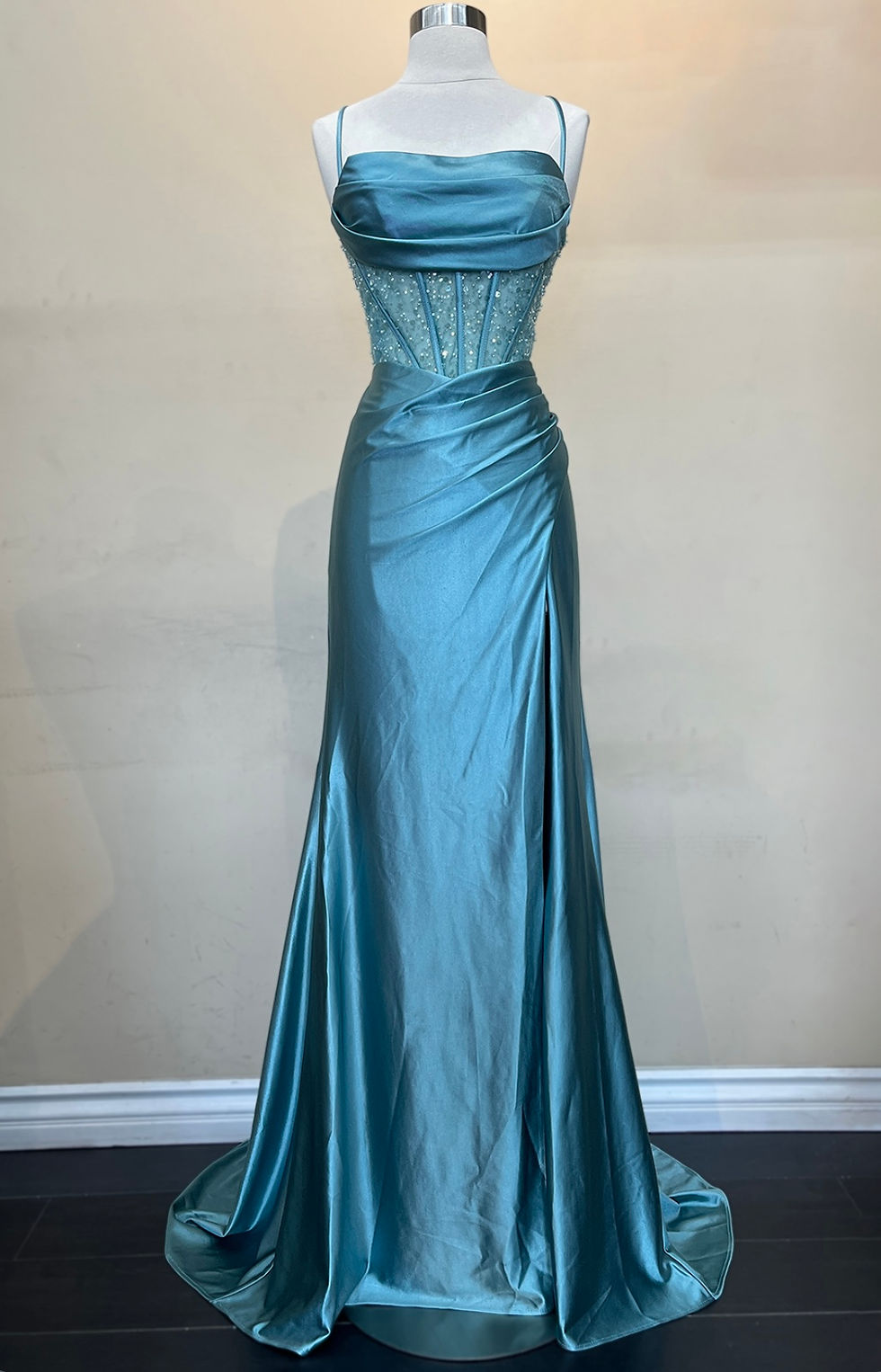 Thumbnail: Satin Teal Mesh & Sequin Bodice Formal Dress & Prom Dress 