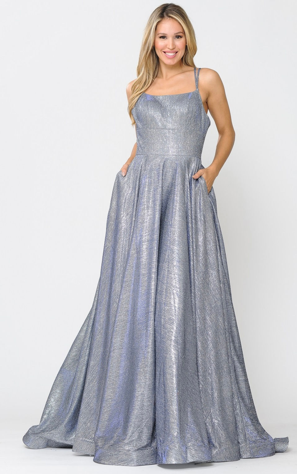 Foiled Glitter Cross Over Back With Pockets Long Formal Dress & Prom Dress