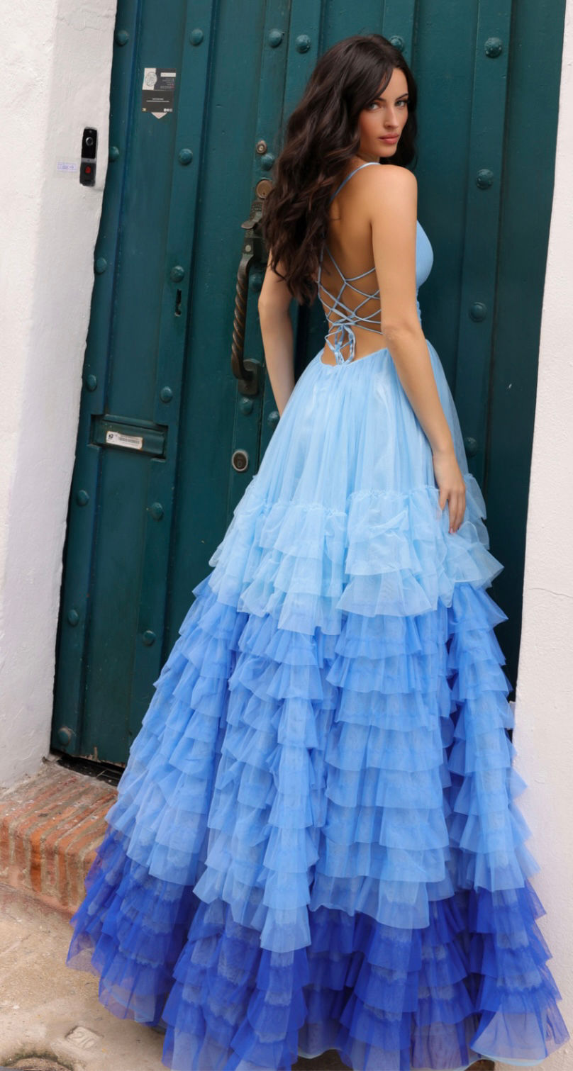 Thumbnail: Ruffle A-Line Ombre Long Formal Dress & Prom Dress