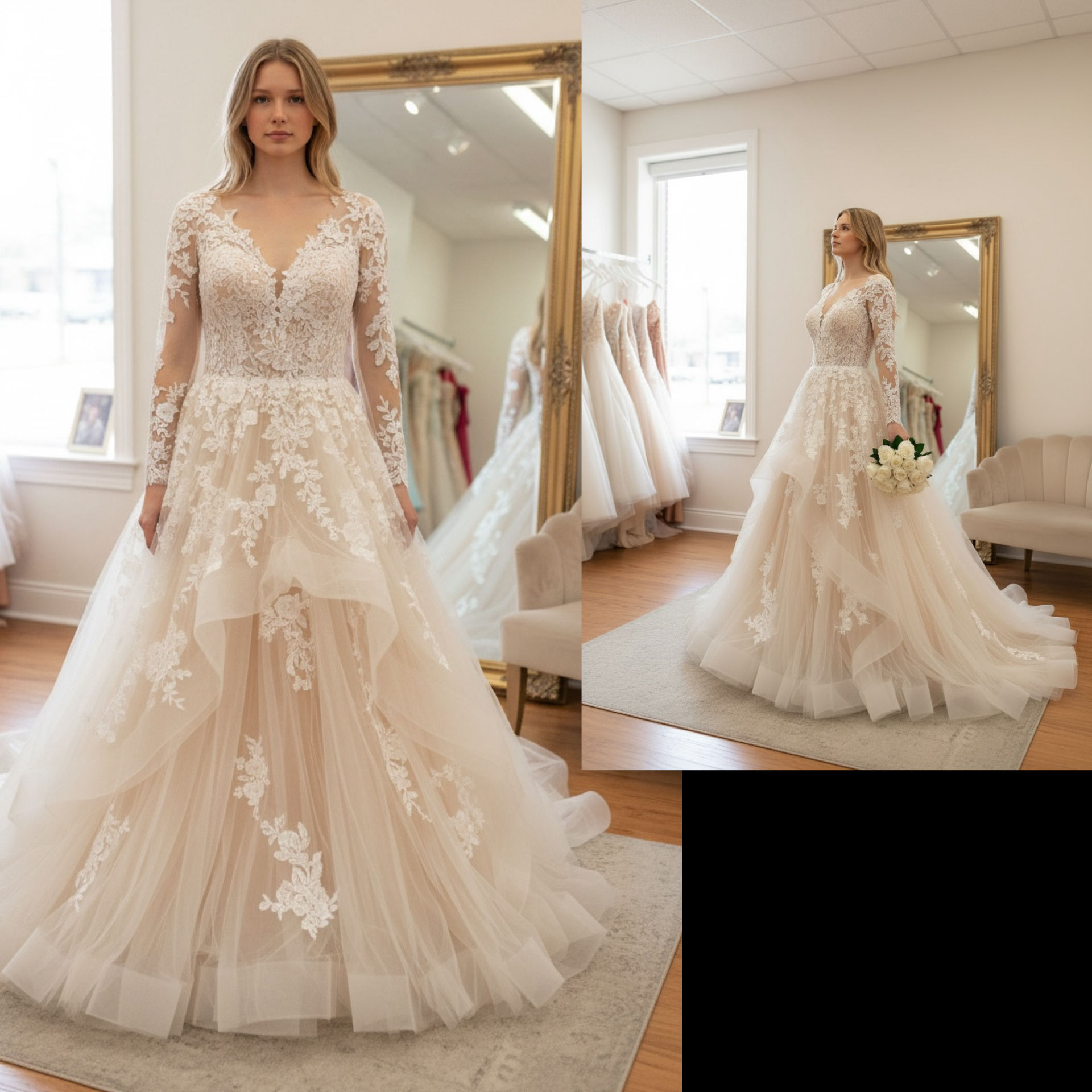 Ivory Long Sleeve Layered Wedding Gown & Wedding Dress