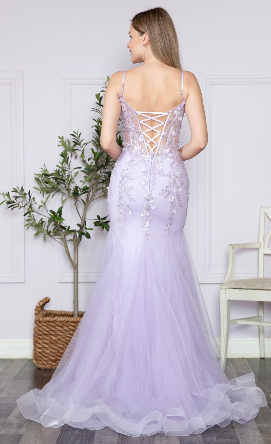Thumbnail: Floral Appliqués Corset Bodice Long Formal Dress & Prom Dress