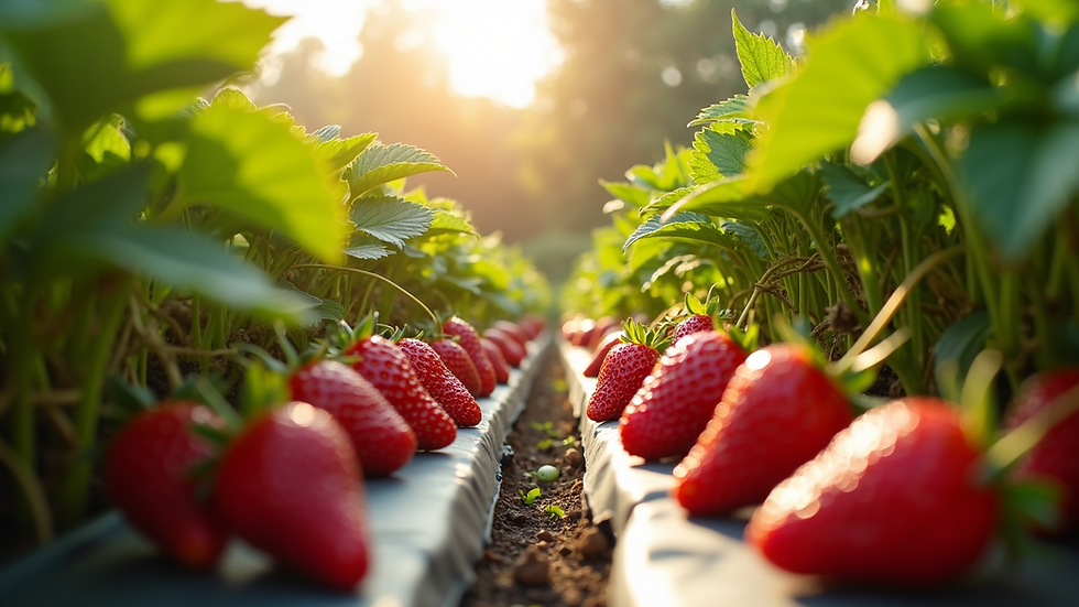 Eye-level view of rows of lush strawberries under sunlight