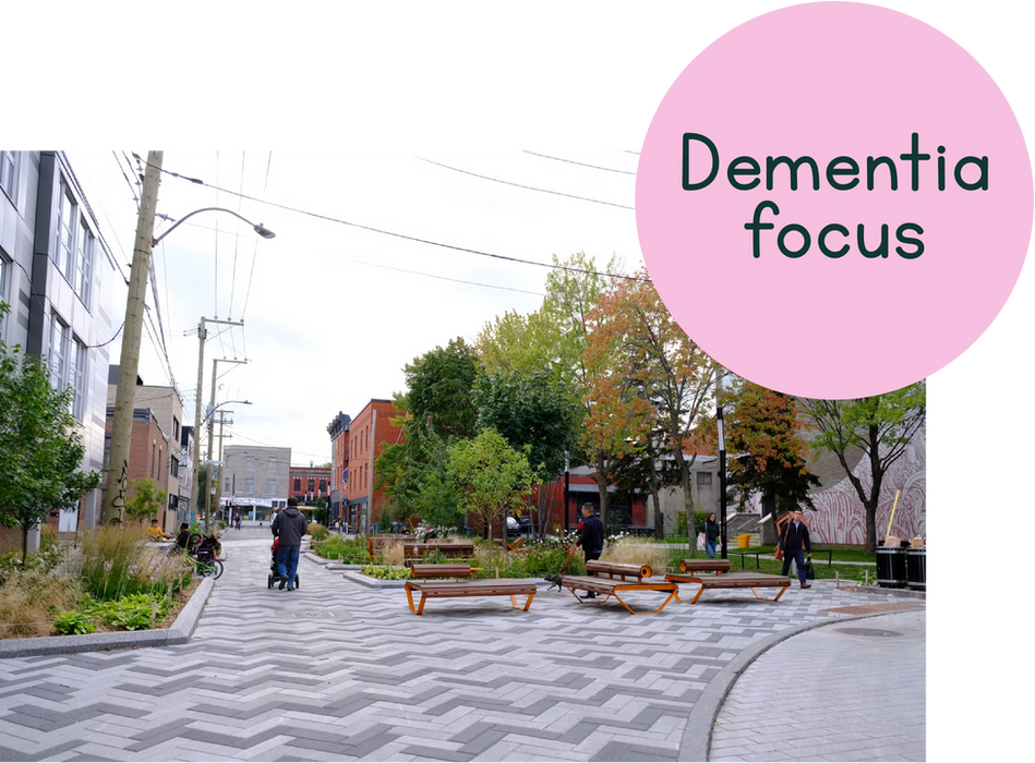 A photo of a former intersection converted into a small, green space in Montreal.