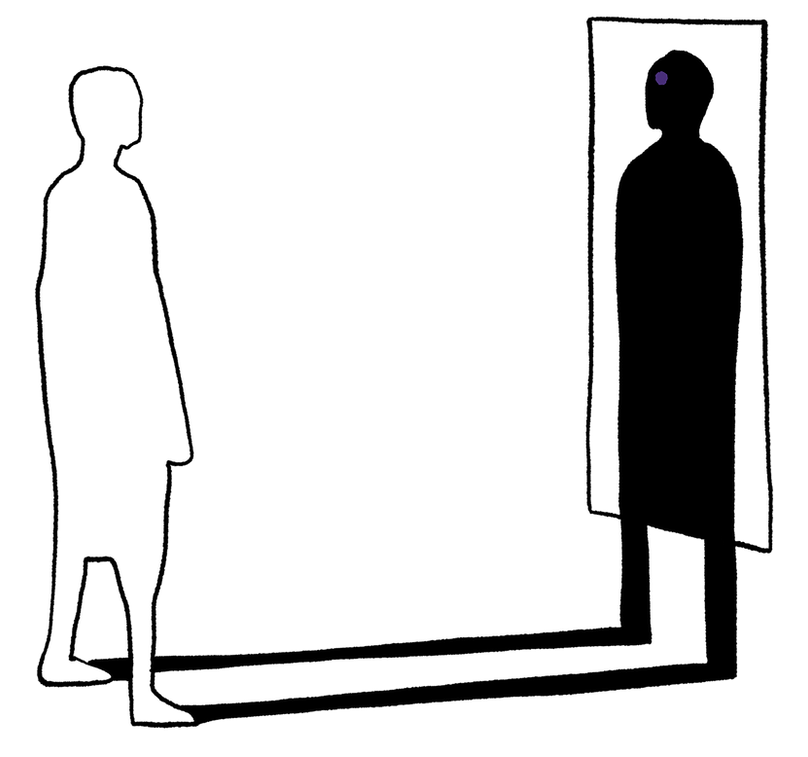 Hand-drawn illustration of a man looking at himself in the mirror. His reflection has a purple dot on the forehead.