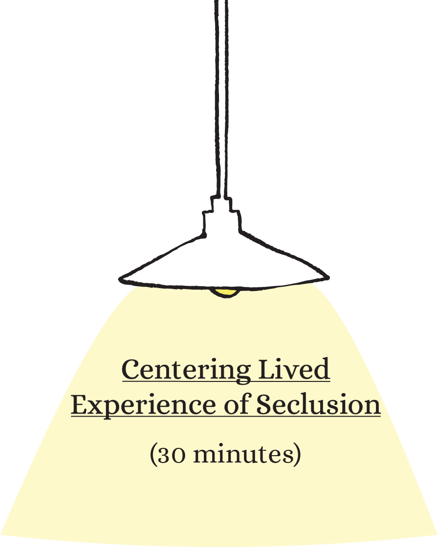 Hand-Drawn illustration of a hanging lamp turn on. It's yellow light lightens the text "Centering lived experience of Seclusion. 30 minutes."
