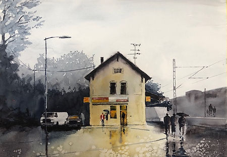 Aquarell Poing altes Bahnhofsgebäude
