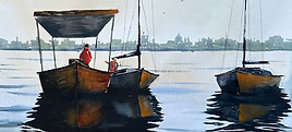 aquarell Boote ankern vor Stadtkulisse II zu sehen in der Ausstellung im Kulturzentrum Trudering