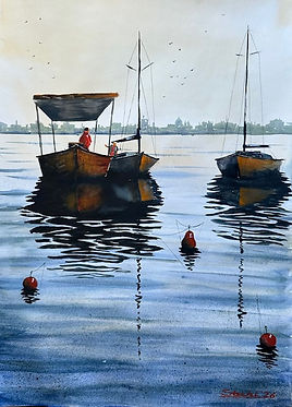 Aquarell Boote ankern vor Stadtkulisse II