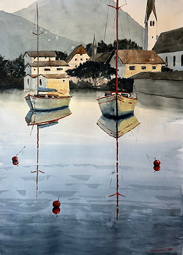 Aquarell Tegernsee Boote am Morgen