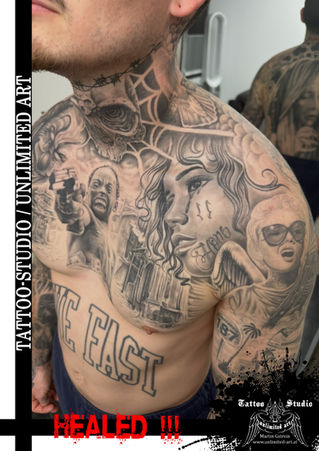 realistic art / blackandgray / chicanotattoo / Schultertattoo / skull / healed tattoo / abgeheiltes Tattoo