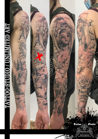 Fantasie Mädchen Ganzarm Tattoo-Marionette,Wolf,Engel & Hand mit Rose Tattoo// Fantasy Sleeve Tattoo
