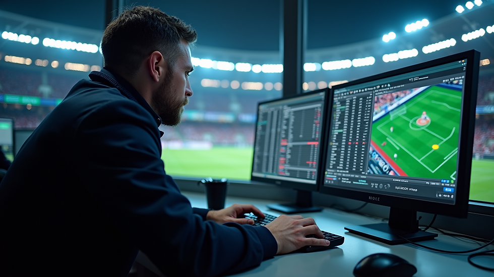 Eye-level view of a sports betting enthusiast analyzing game statistics
