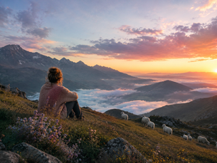 A person sits on a grassy mountain hillside at sunrise, overlooking mist-filled valleys and distant rugged peaks while a small flock of sheep grazes nearby under a colorful pink and orange sky.