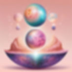 Surreal floating spheres emerging from a cosmic landscape, symbolizing the active, generative power of receiving in conscious business and creative branding.