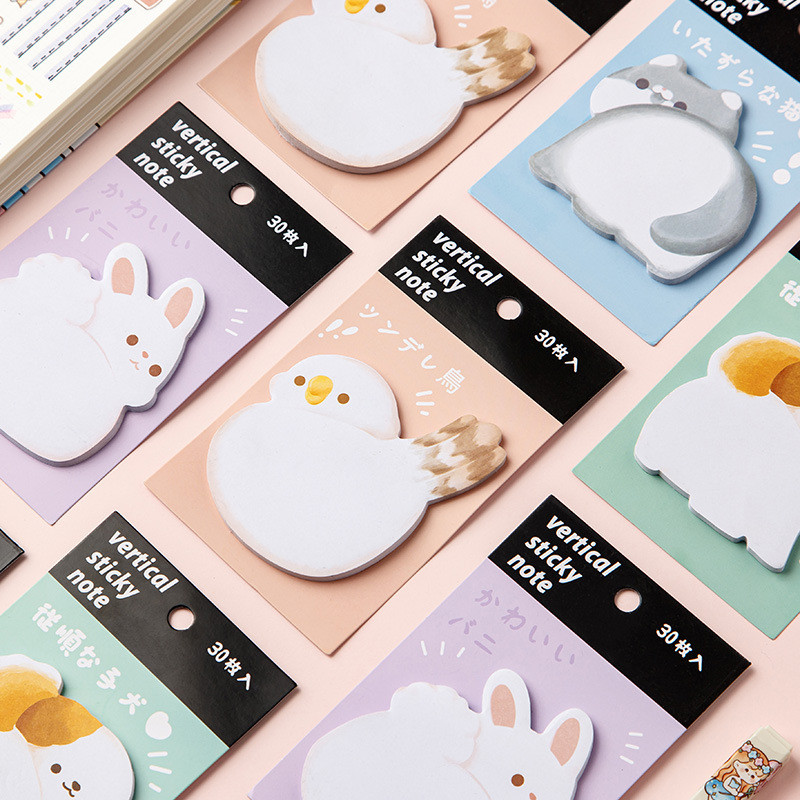 Set aus süßen Sticky Notes mit Tiermotiven: Katze, Hase, Vogel und Hund – 30 Blatt pro Motiv im Kawaii-Stil zum Schreiben
