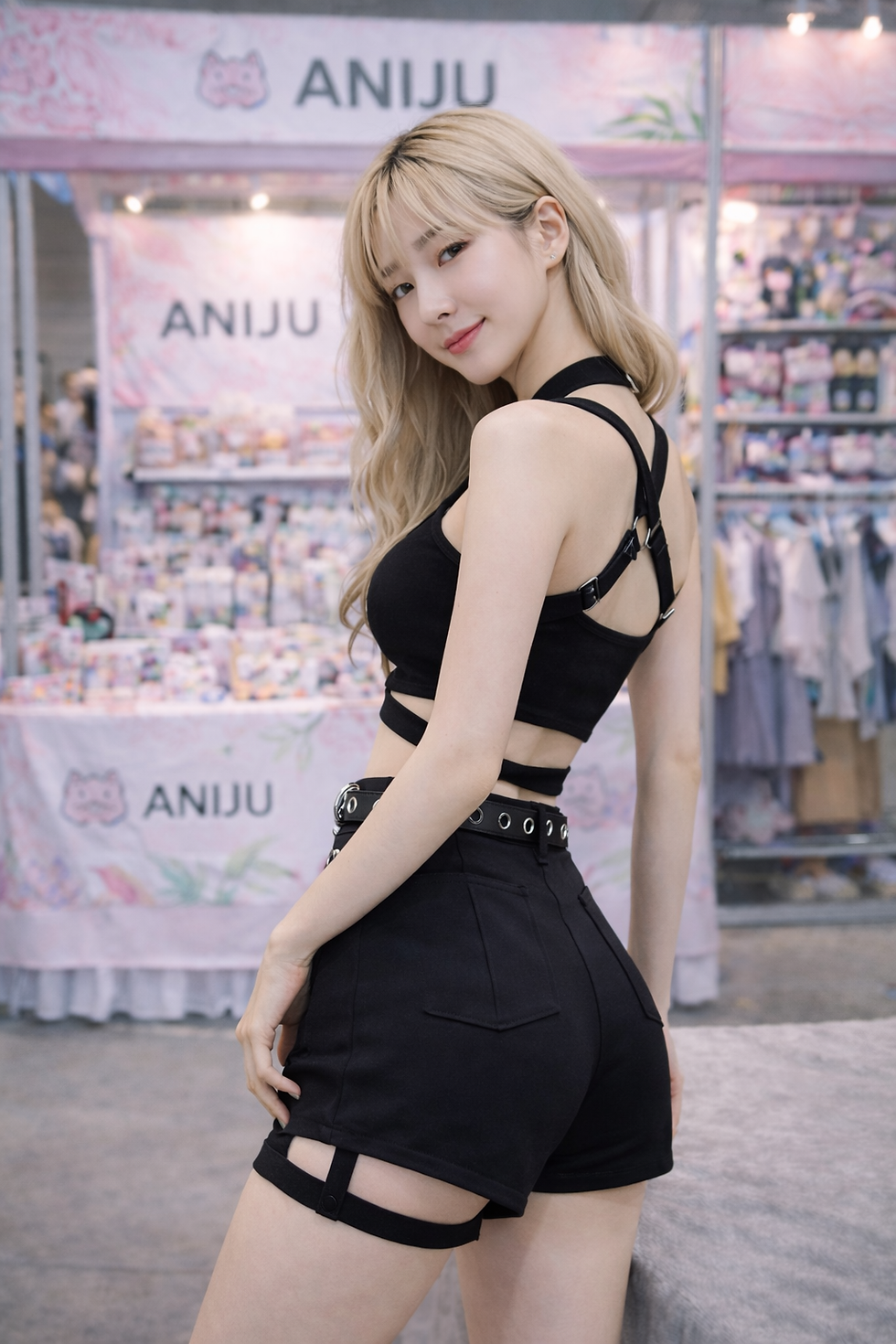 Miniaturbild: Schwarzes Crop Top Set | K-Fashion Streetwear