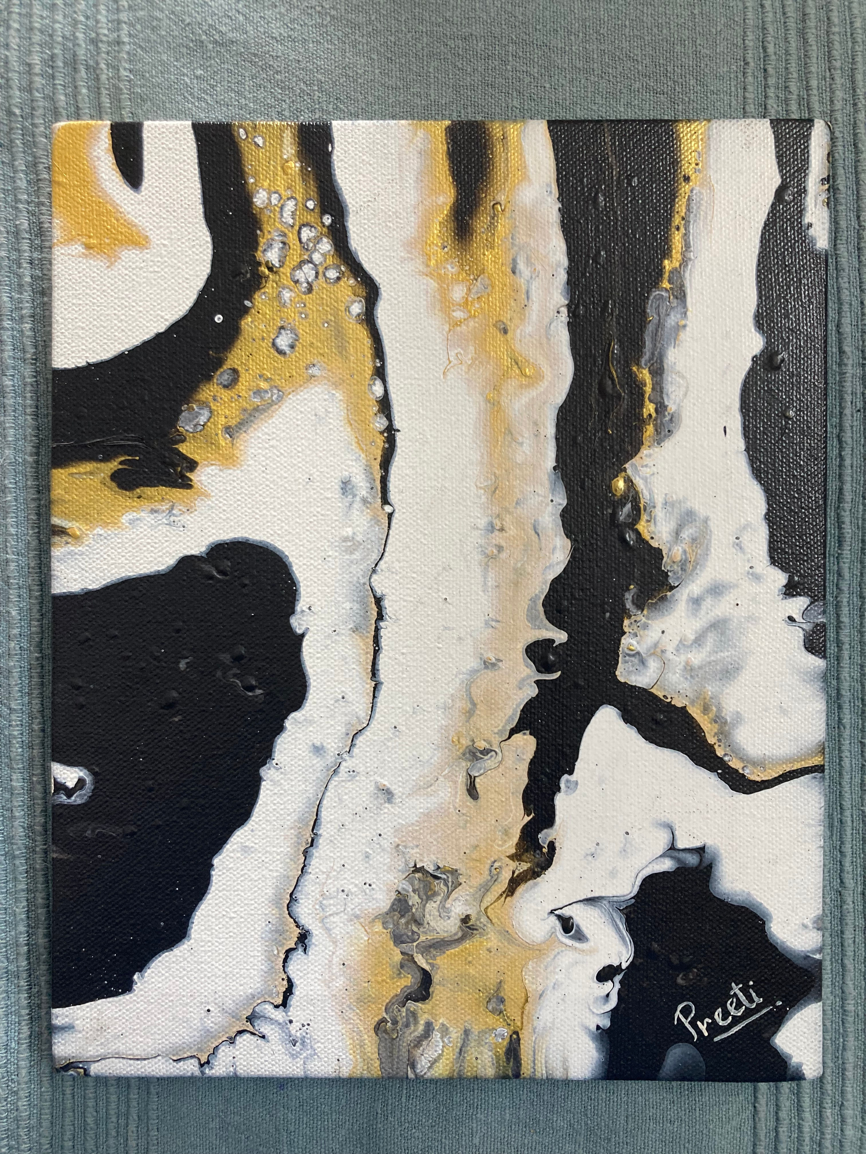Fluid art on Canvas in Black White & Golden using Arylic colours