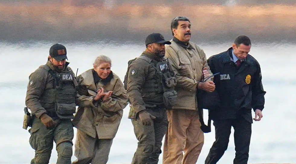 Nicolás Maduro and his wife Cilia Flores on the helipad on Wall Street in Manhattan, heading to the courthouse. Photo: Kyle Mazza / CNP