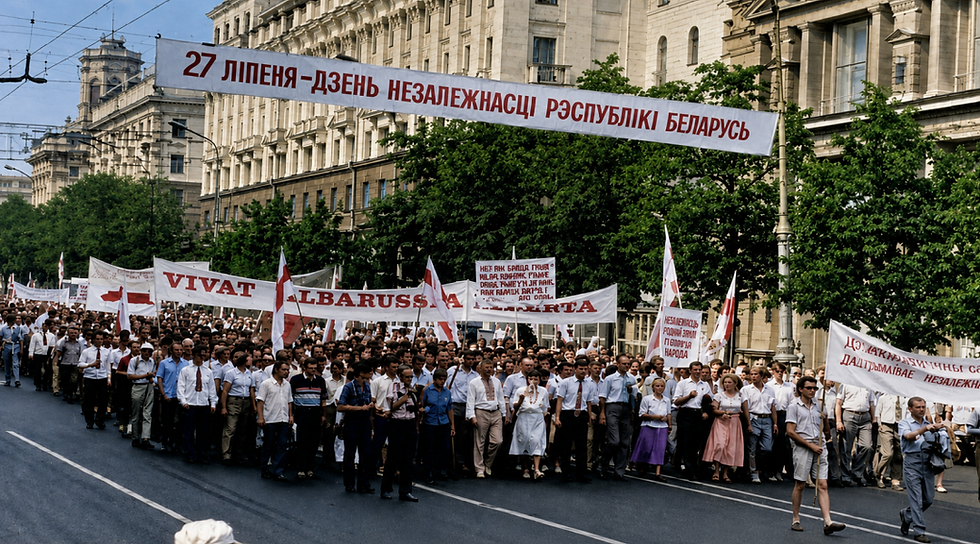 Святкаванне 27 ліпеня ў 1990-я гады. Фота адноўлена і каларызавана з дапамогай ШІ