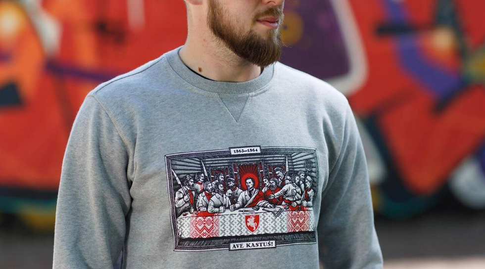 LSTR brand sweatshirt with the "Ave, Kastuś!" print. It depicts Kalinowski with insurgents, styled after "The Last Supper." Source: nina.nashaniva.com