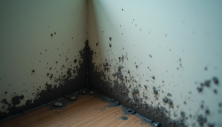 Close-up view of dark mold spots on a damp wall corner