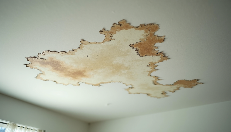 Eye-level view of a water-stained ceiling with peeling paint