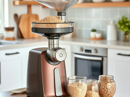 A sleek, modern grain mill in a kitchen grinds grains effortlessly into flour, with jars of grains nearby for storage and display.