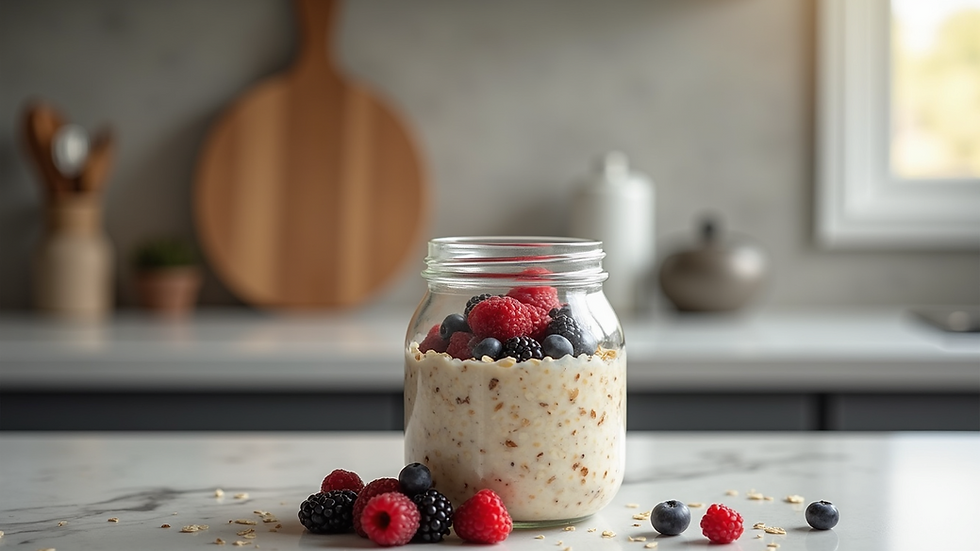 Close-up view of a jar of overnight oats topped with fresh berries