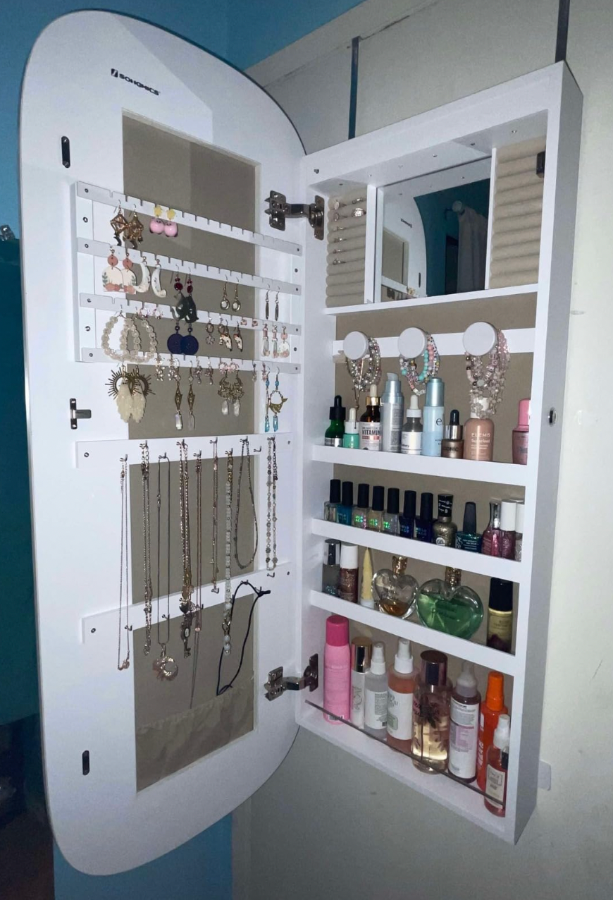 Thumbnail: Lockable Rounded Wide Mirror with LED Jewelry Cabinet