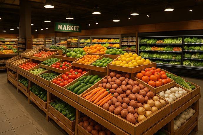 Produce section of a supermarket with neatly arranged fruits and vegetables on display tables.