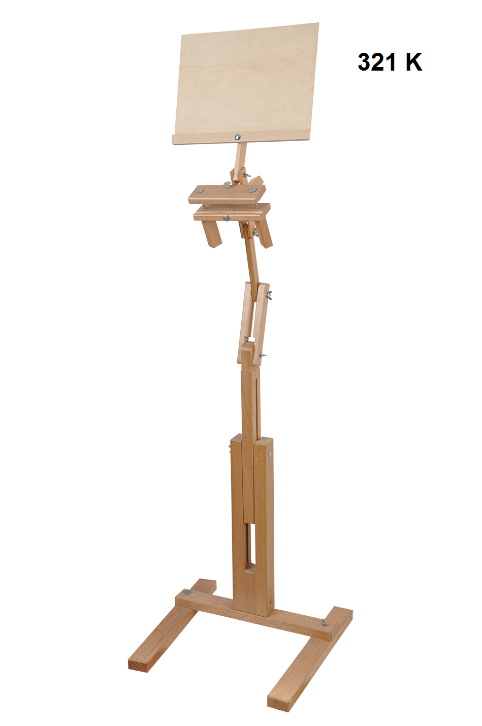 Wooden adjustable artist easel stand, isolated on white background, showcasing design and structure.