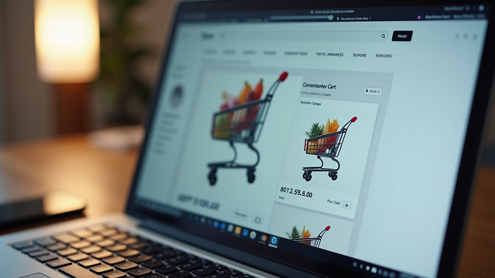 Close-up view of a laptop screen showing an online shopping cart with unique items