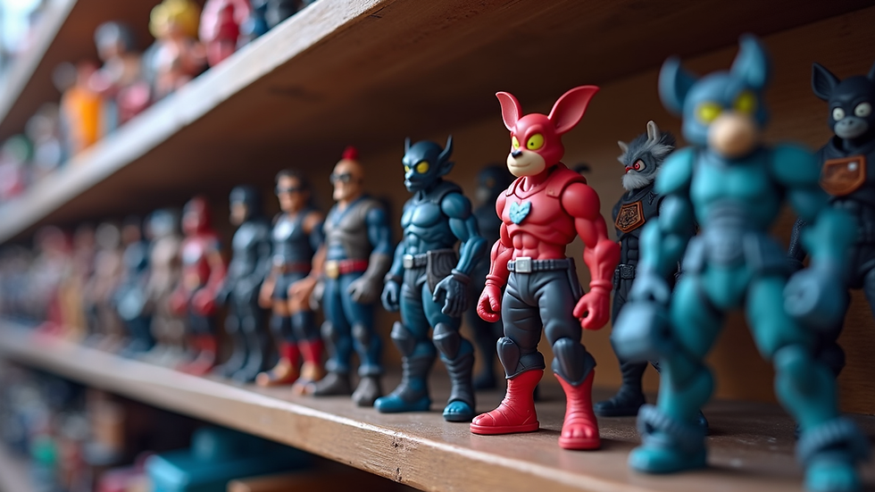Close-up view of Fortnite collectible figures displayed on a shelf