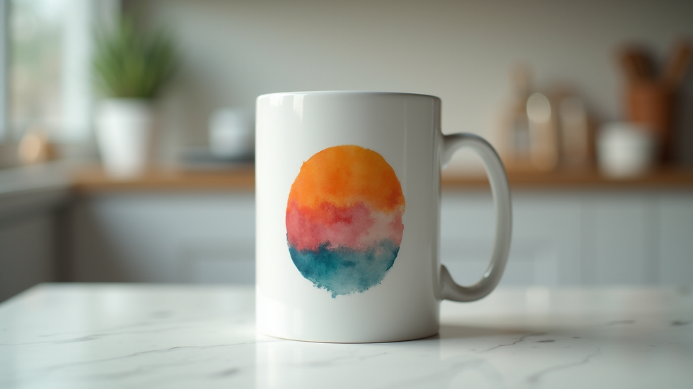 Close-up view of a white ceramic mug with a colorful custom design