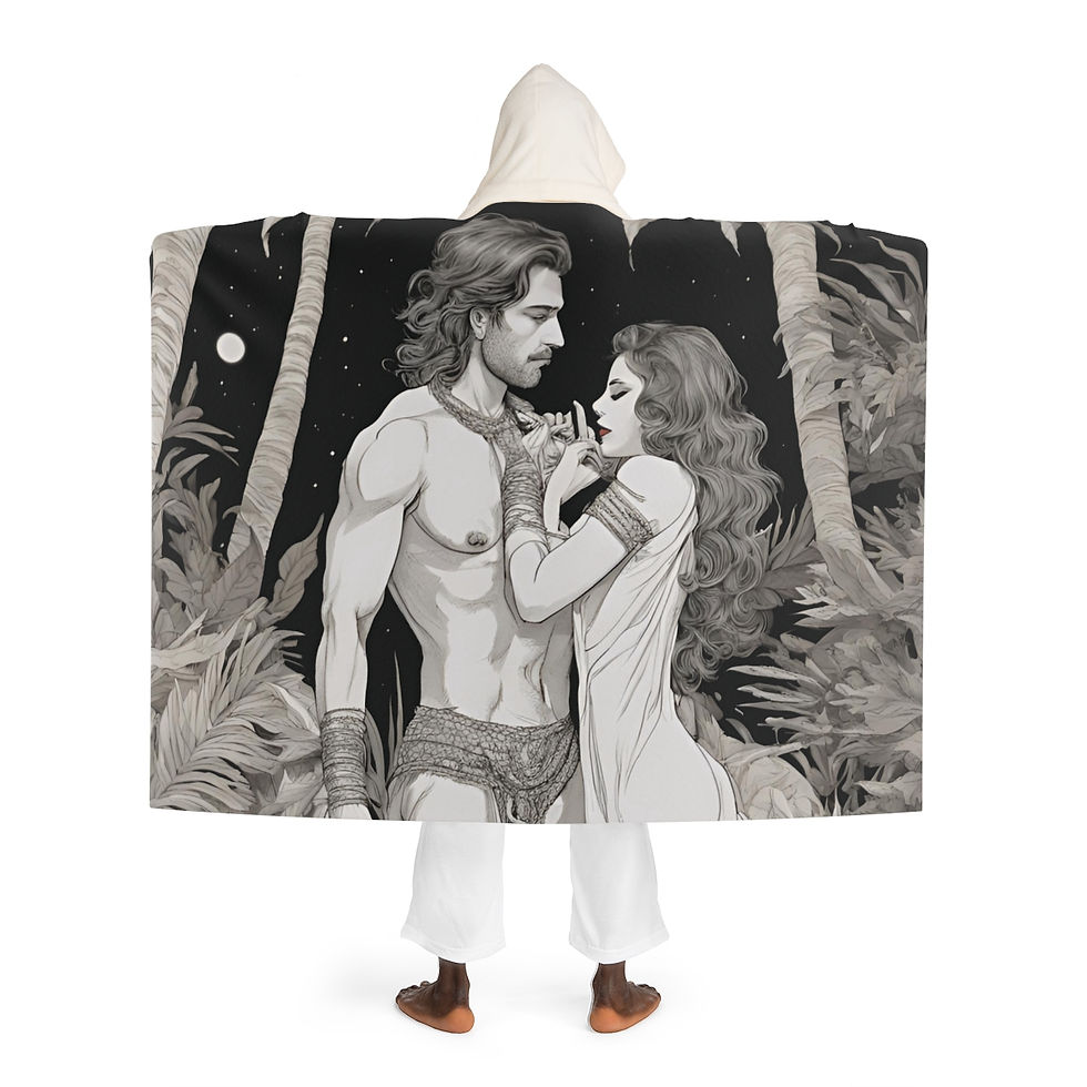 “A cozy hooded fleece blanket featuring a loving couple wrapped in warmth, perfect for snuggling together."