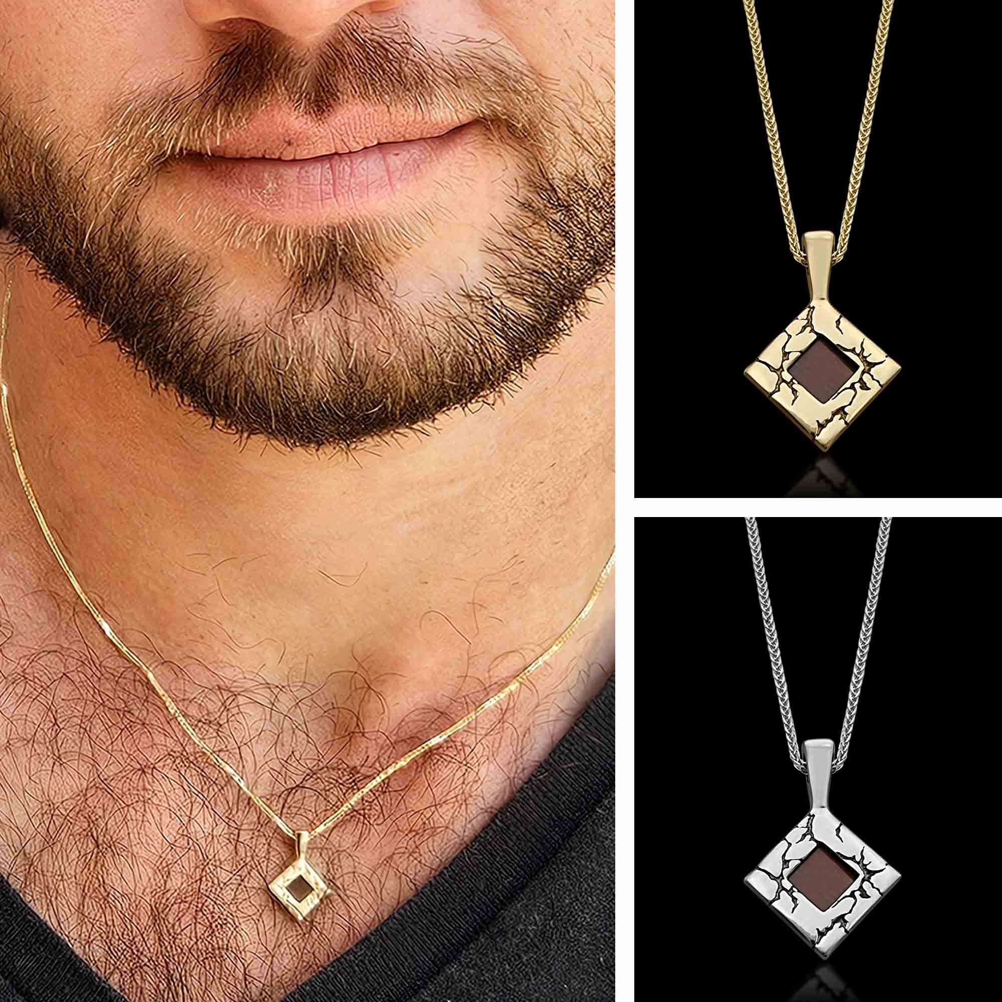 Man wearing a gold necklace with a square pendant, two other similar necklaces.