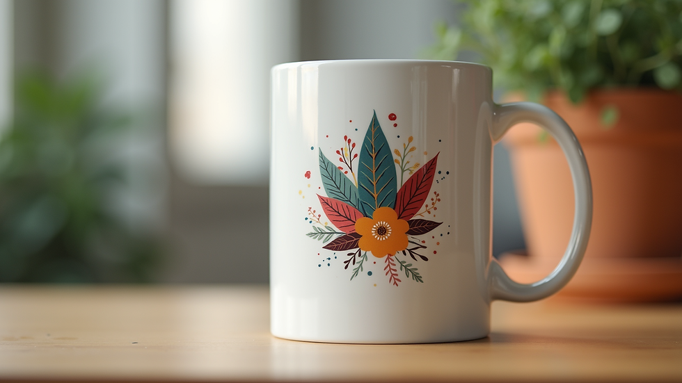Close-up view of a white ceramic personalized coffee mug with a colorful custom design