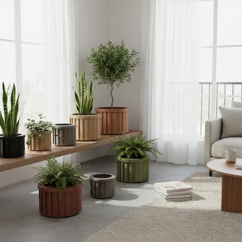 Small Round Strata planter featuring a sleek round shape and layered texture.