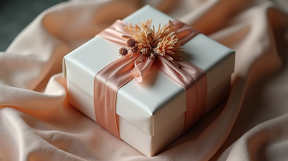 High angle view of a gift box wrapped with fabric and decorated with dried flowers
