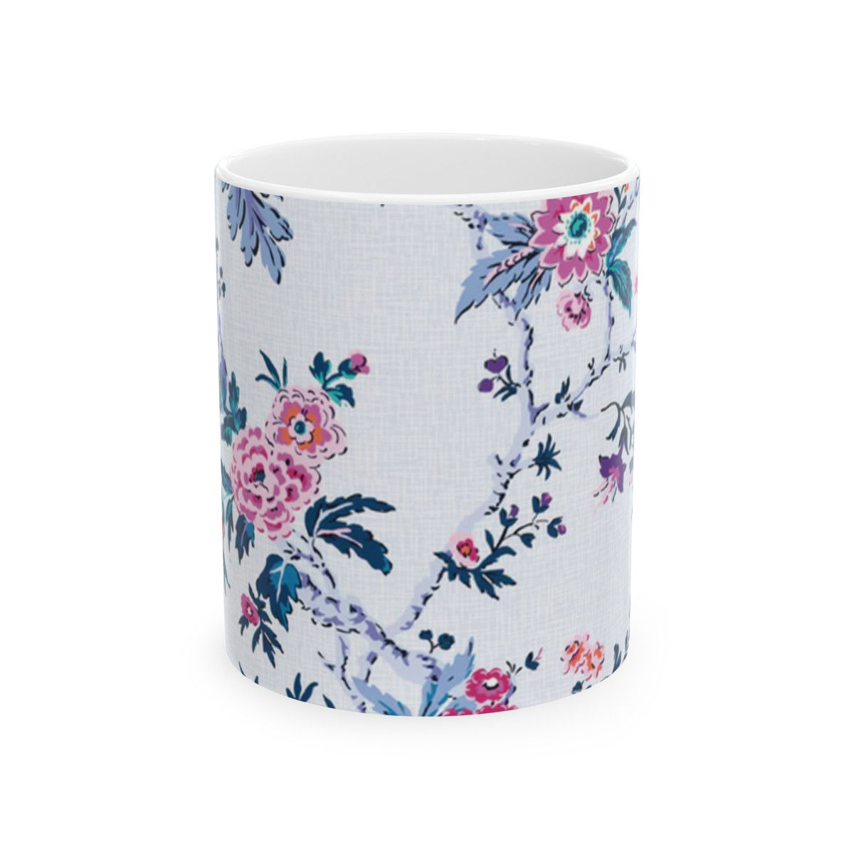 White floral ceramic mug. Fancy Squares Ceramic Mug, (11oz, 15oz) with pink flowers.