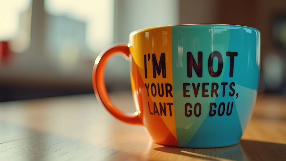 Eye-level view of a colorful custom coffee mug with a motivational quote