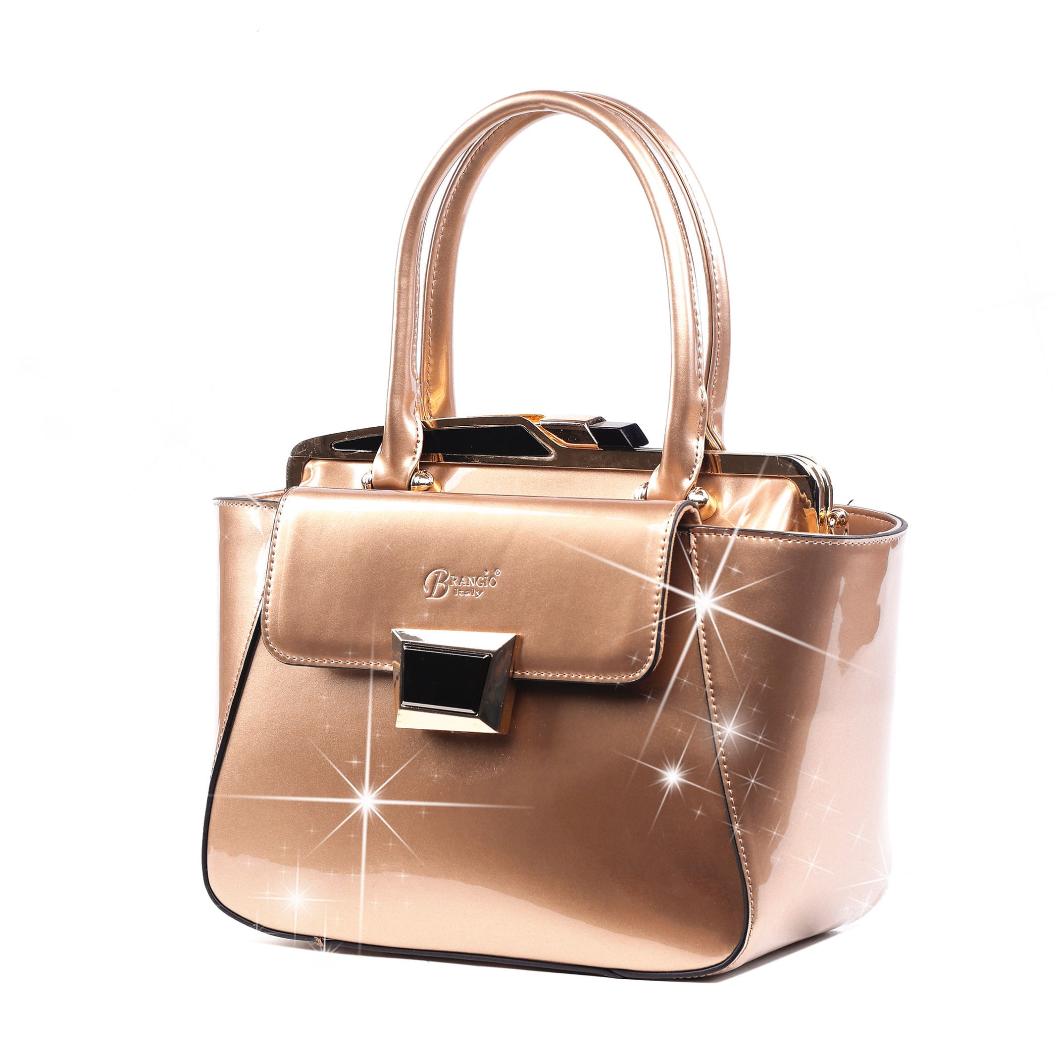 Rose gold handbag with shiny sparkles and handles, new item shop.