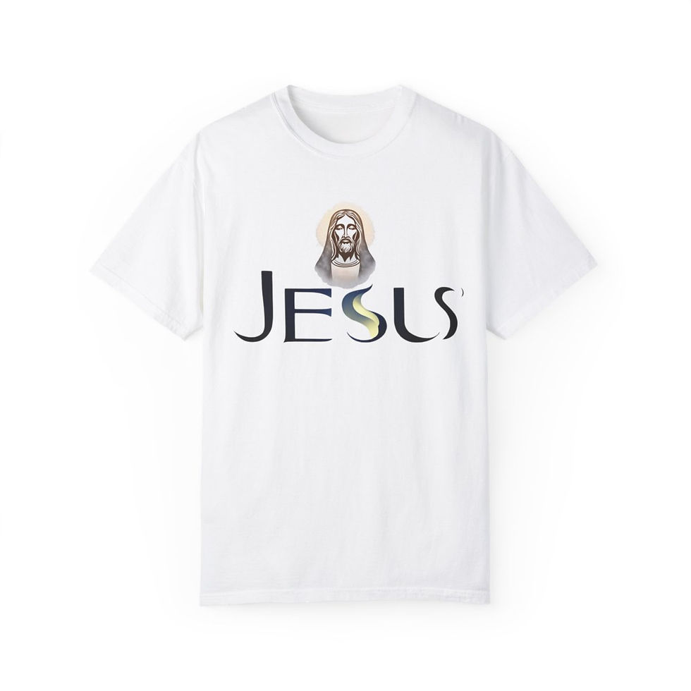 alt=A white t-shirt displaying a serene image of Jesus Christ with a gentle expression"