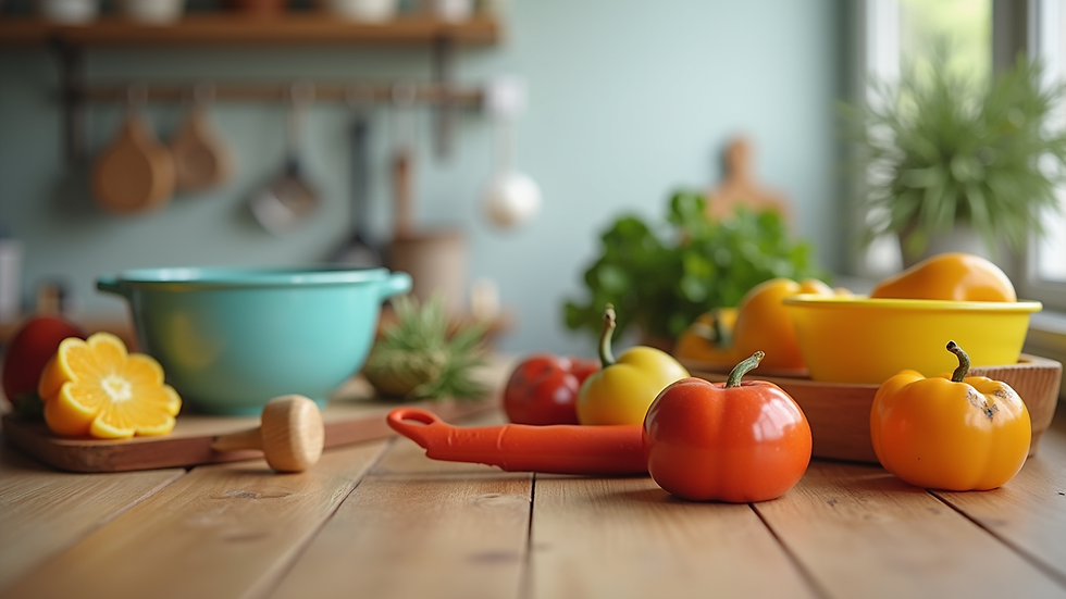 Eye-level view of colorful kitchen gadgets arranged on a wooden table