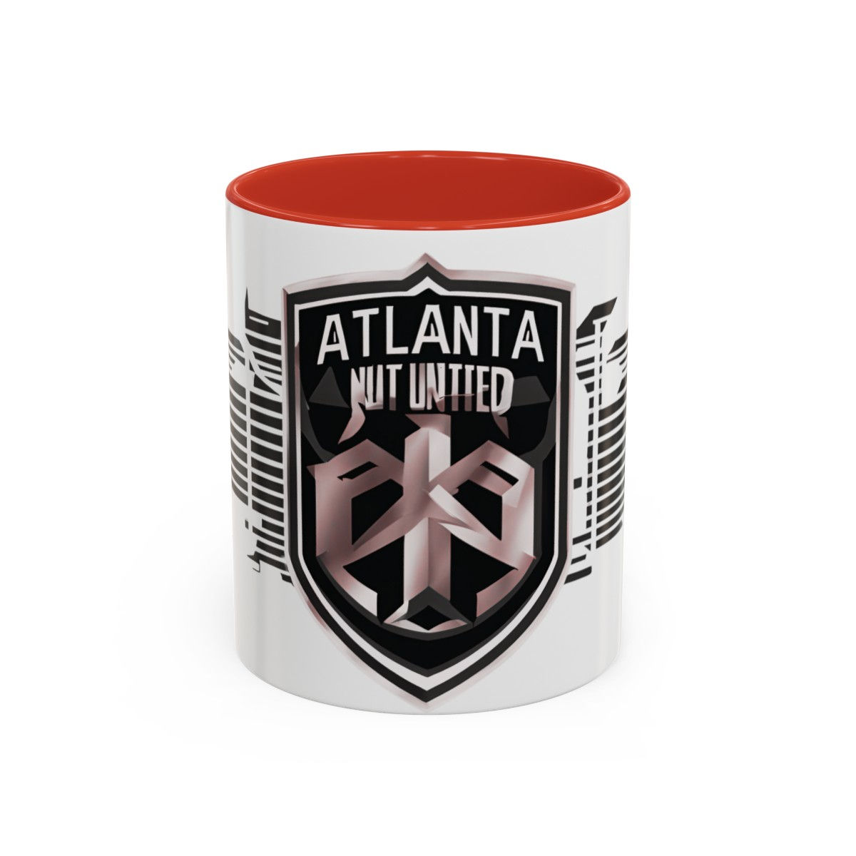 Atlanta United logo coffee mug, red interior, white exterior, new item shop